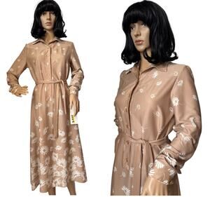 NWT Vintage Just-Mort Floral Khaki Midi collared Dress white daisy print belted